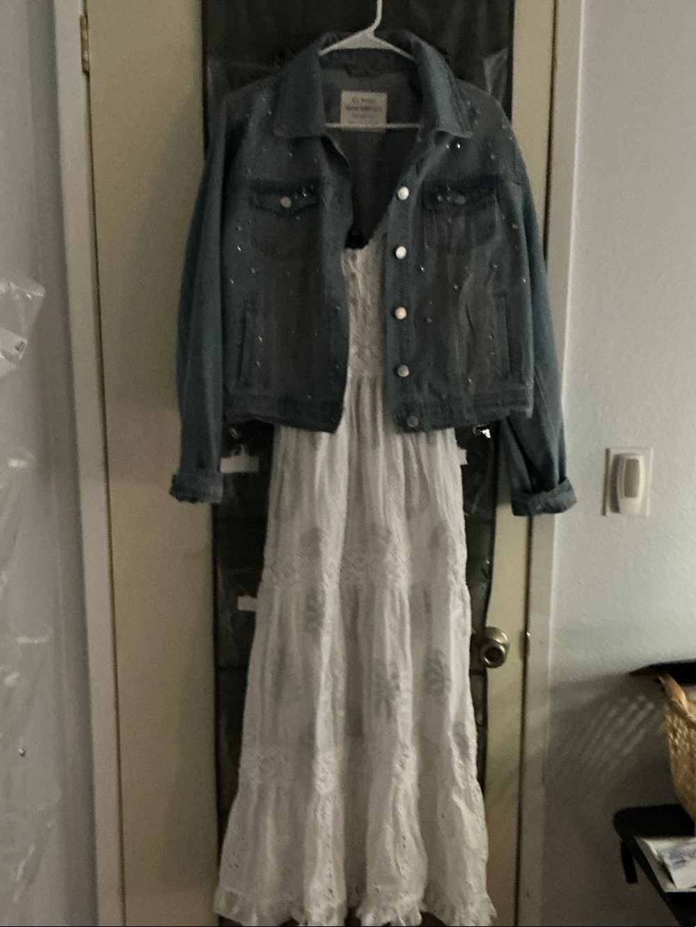 Denim Jacket with White Lace Maxi Dress - Light Blue & White